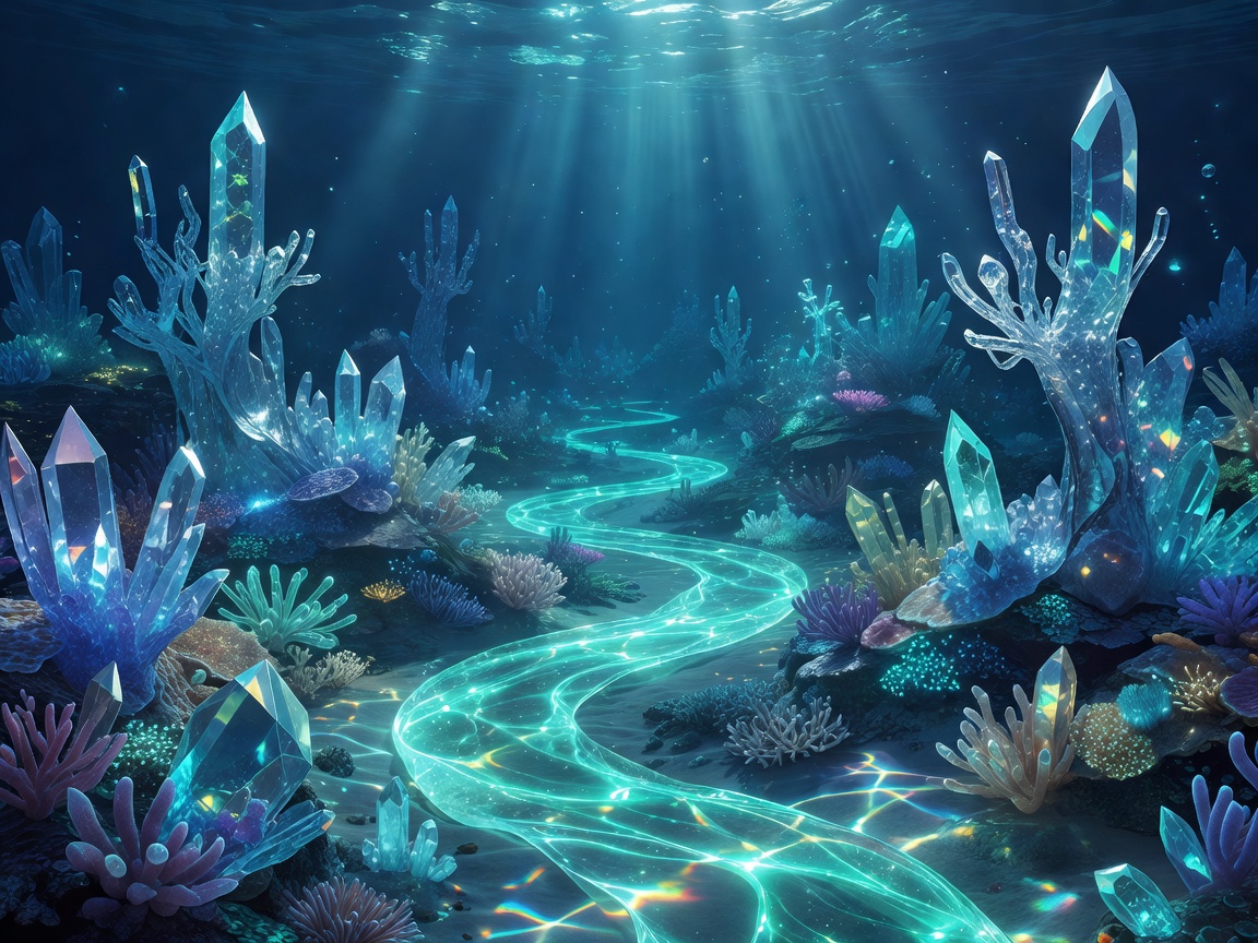 A glowing cyan pathway winding through crystal coral reefs