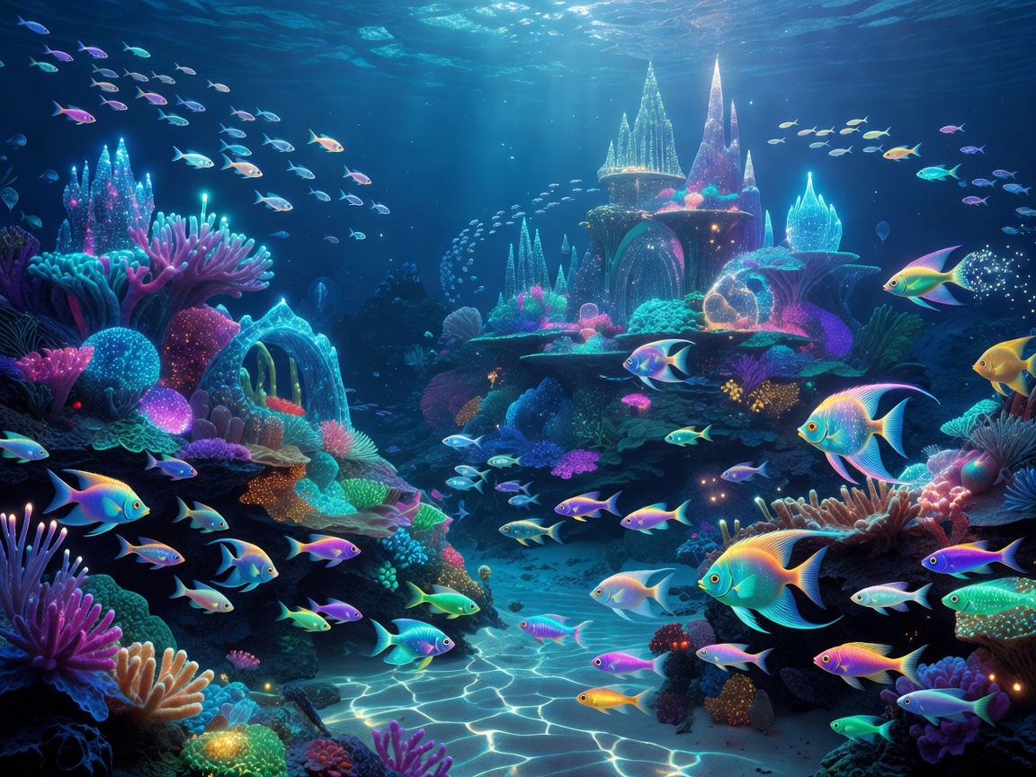 A magical underwater ocean kingdom with bioluminescent coral reefs and glowing schools of colorful fish