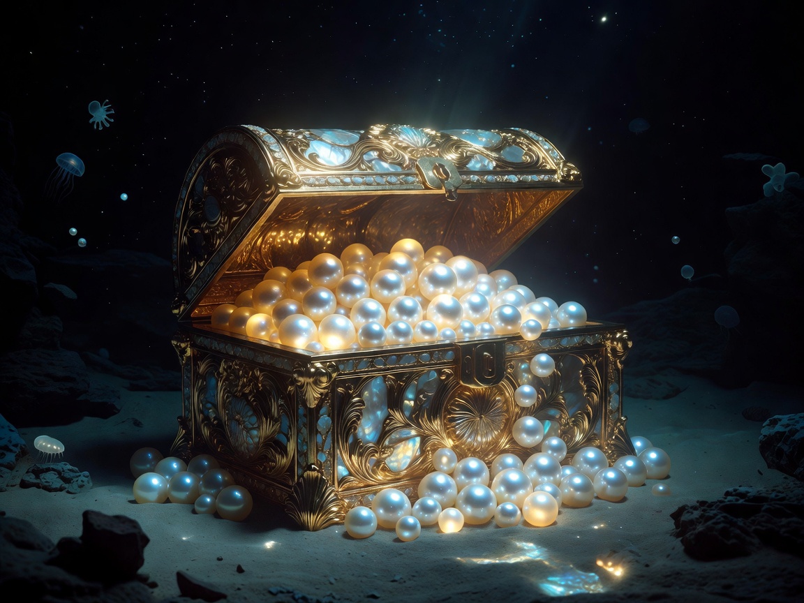 A luxurious golden chest filled with glowing pearls deep underwater