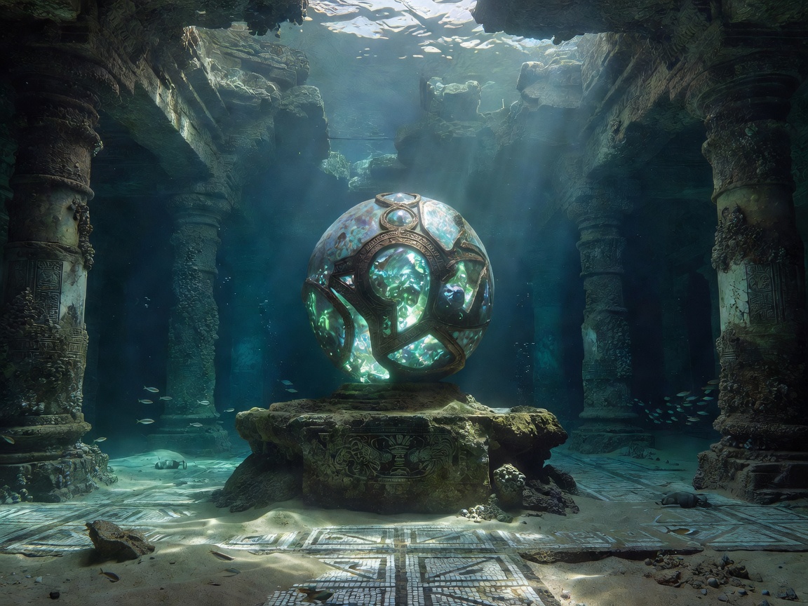 An ancient glowing relic found inside an underwater temple sanctuary